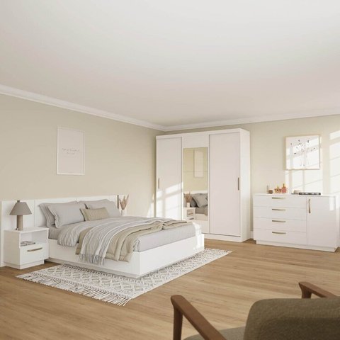 Kit Guarda Roupas 3 Portas, Cama Queen e Complementos de Quarto Araçá CabeCasa MadeiraOriginals Branco