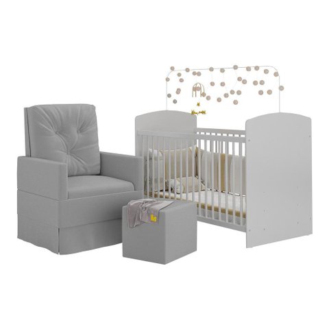 Berço com Poltrona de Amamentação e Puff Ana Lívia Multimóveis MP4075 Branco/Cinza