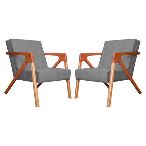 Conjunto 2 Poltronas Monalisa Com Braços de Madeira Linho Cinza - LM DECOR