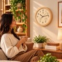 Ver imagem 2 de Relogio de Parede Estilo Madeira Decorativo Redondo Silencioso Quarto Escritorio Studio Moderno Bege