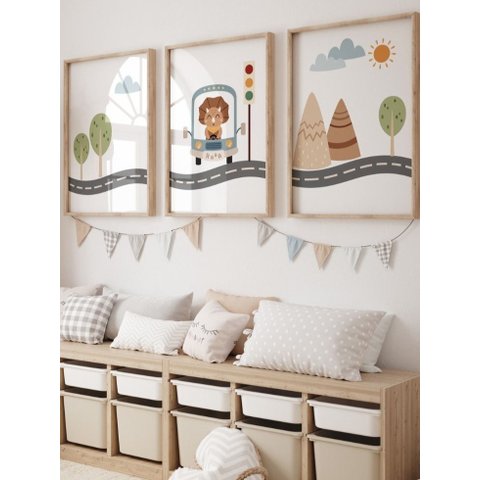 Kit 3 Quadros Decorativos Infantil Animais Safari No7