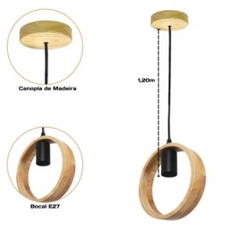 Lustre Pendente Rústico Redondo em Madeira Tampa Canopla Regulável 1,20m para Teto Fio Pp Bocal Soqu - 2