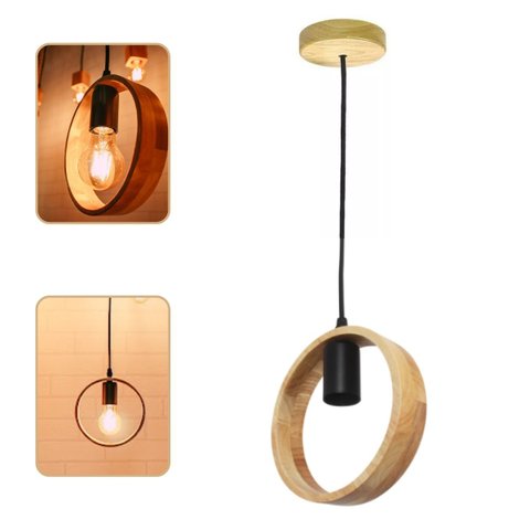 Lustre Pendente Rústico Redondo em Madeira Tampa Canopla Regulável 1,20m para Teto Fio Pp Bocal Soqu