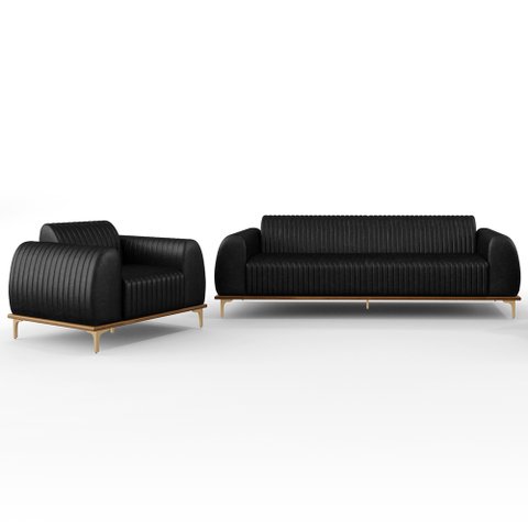 Kit Sofá 3 Lugares 210cm com Poltrona Molino Pés D'ouro D02 Couríssimo Preto B-159 - Lyam Decor