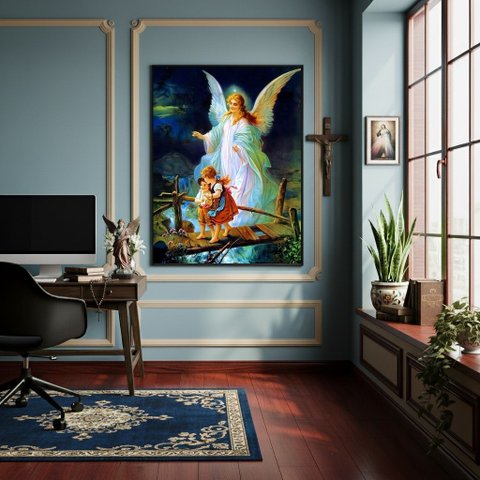 Quadro Anjo da Guarda Protegendo Crianças Ponte - 70x50cm:moldura Preta