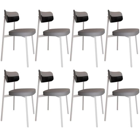 Kit 08 Cadeiras Estofada para Sala de Jantar Astrid Branco C01 Linho Cinza Courino Preto - Lyam