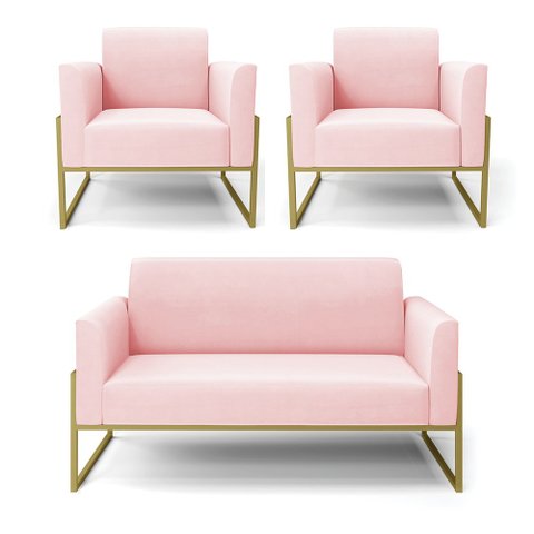 Sofá Namoradeira com 2 Poltronas Base Industrial Alta Dourado Marisa Suede Rosa Bebê D03 - D’Rossi D