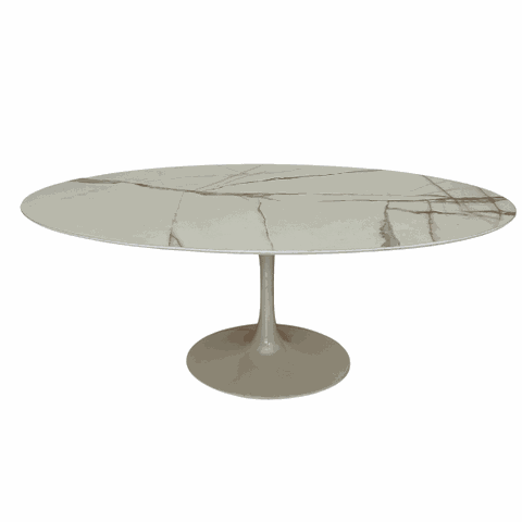 Mesa de Jantar Saarinen Oval 160x90 Cm Tampo Mdf Marmorizado Calacata Base Off White Tampo Mdf Marmo