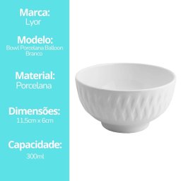 Jogo 3 Tigelas Bowl Porcelana Branca Balloon 300ml Caldos ou Servir - Lyor - 6
