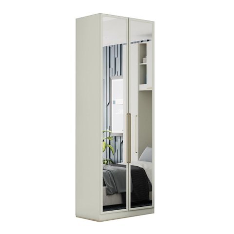 Guarda Roupa Armário Multiuso Roupeiro Espelho Quarto Cabideiro 2 Portas 5 Prateleiras Areia