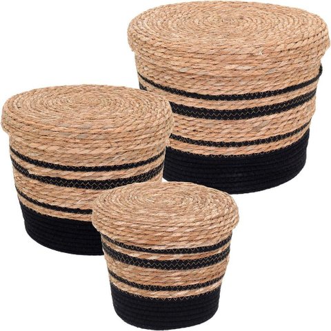 Cesta Fibra Preto 3pç com Tampa