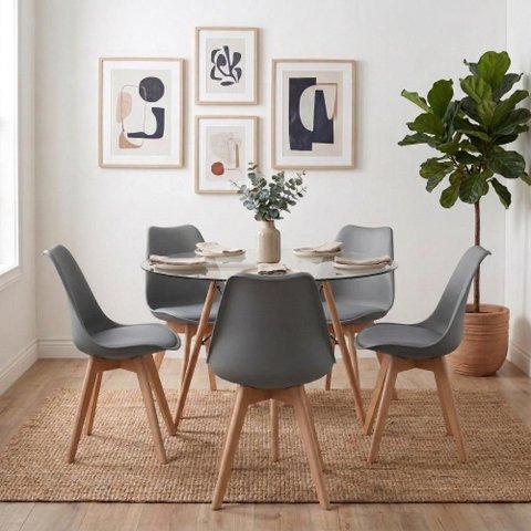 Mesa Eames Vidro 110cm + 5 Cadeiras Saarinen Wood - Seat&Co