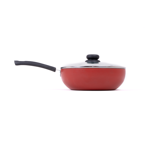 Panela Frigideira Tampa de Vidro WOK 24cm Antiaderente Alumínio - Vermelho