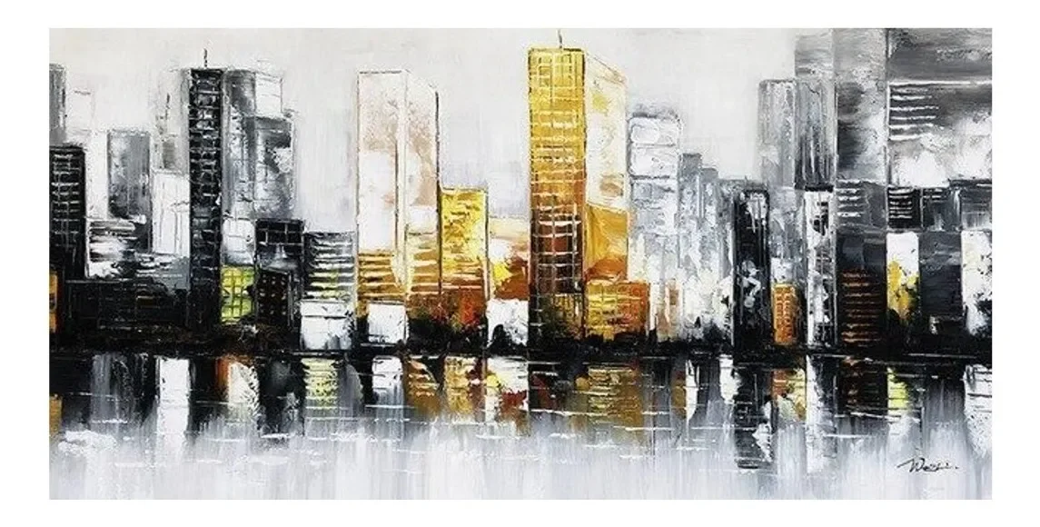 Quadro Decorativo Tela Cidade À Óleo Abstrata 50x100