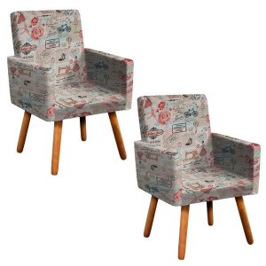 Kit 2 Poltronas Decorativas Nina Estampado Retrô Rosa D61 - D'Rossi