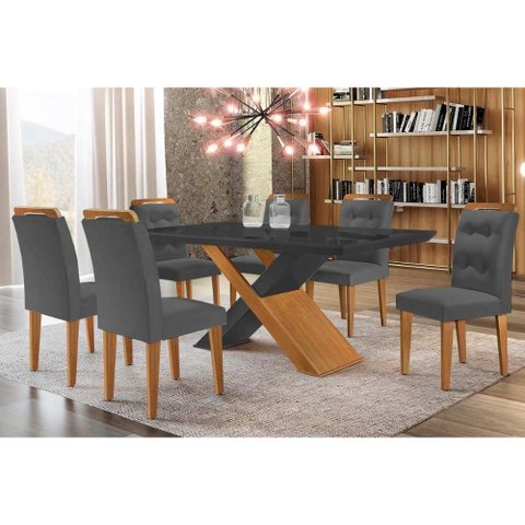 Conjunto: Mesa de Cozinha Imperatriz Tampo Madeirado C/ Vidro Curvo 180x90 e 6 Cadeiras Imperatriz