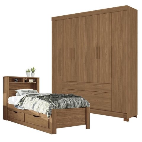 Guarda Roupa Casal Guarapuava 6 Portas de Bater 4 Gavetas com Espelho e Cama Solteiro Invicta Jatob