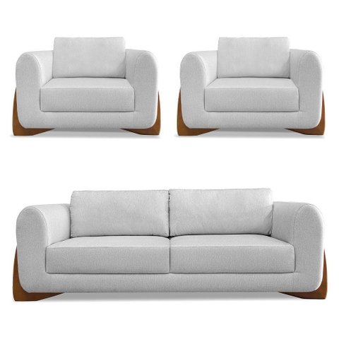 Kit 2 Poltronas e Sofá 2 Lugares Linho Cinza Pés Castanho