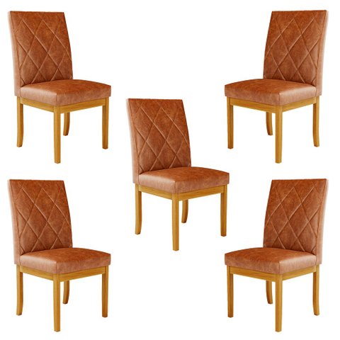 Kit 5 Cadeiras de Sala de Jantar Estofadas Gomes Madeira Maciça PU Marrom G78 - Gran Belo Cadeira de