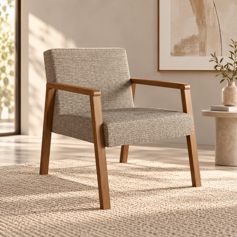 Poltrona Decorativa Slim Algodão Bege com Braços em Madeira Maciça Nogueira - Ease Móveis