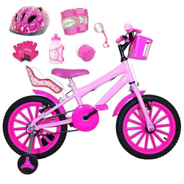 Bicicleta Infantil Aro 16 Rosa Bebê Kit Pink com Capacete, Kit Proteção e Cadeirinha - 1