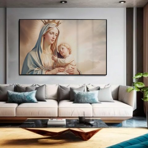 Quadro Decorativo Santa Maria e o Menino Jesus em Moldura Caixa Tacolado Moldura Trad 1cm Branca com