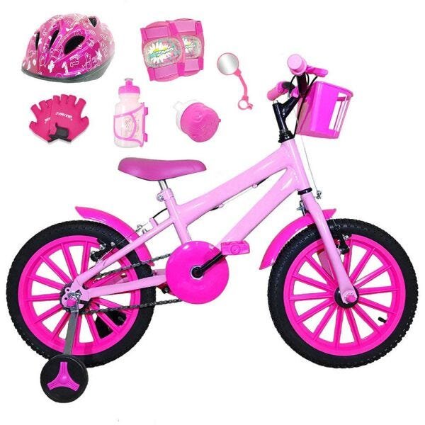 Bicicleta Infantil Aro 16 Rosa Bebê Kit Pink com Capacete e Kit Proteção - 1