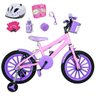 Bicicleta Infantil Aro 16 Rosa Bebê Kit Roxo com Capacete e Kit Proteção - 1