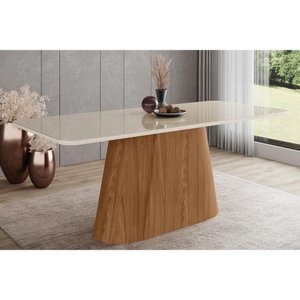 Mesa de Sala Jantar Olivia Sc121 C/ Tampo Madeirado C/ Vidro Curvo 200x90cm Nature/off White - Henn