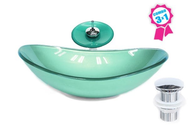 Combo 3 em 1 - Cuba de Vidro Oval 55cm Veneza + Torneira Ibiza + Válvula Beirute-verde - 2