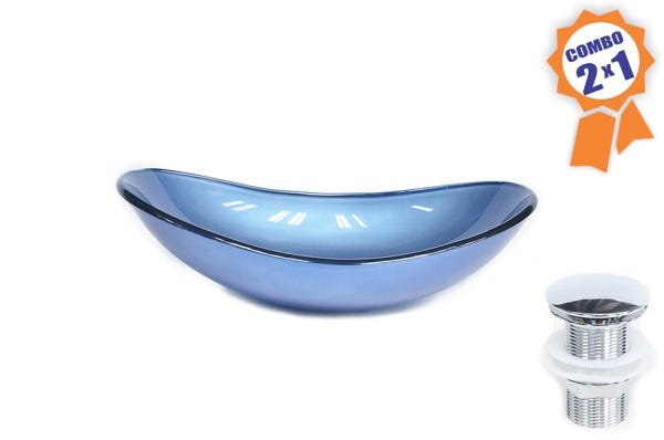 Combo 2 em 1 - Cuba de Vidro Oval 47cm Pisa + Válvula Beirute-Azul - 1