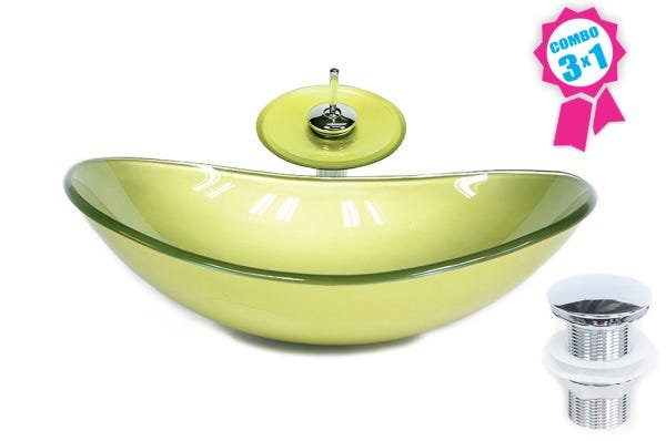 Combo 3 em 1 - Cuba de Vidro Oval 55cm Veneza + Torneira Ibiza + Válvula Beirute-verde Oliva - 1