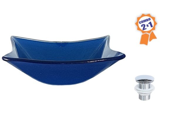 Combo 2 em 1 - Cuba de Vidro Quadrada 35 Cm Sorrento + Válvula Beirute-azul Escuro - 2