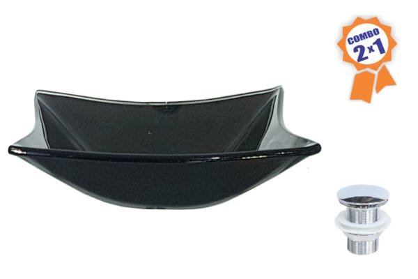 Combo 2 em 1 - Cuba de Vidro Quadrada 35 Cm Sorrento + Válvula Beirute-preto - 2