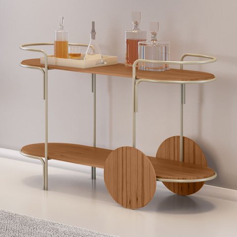 Carrinho Bar Órbita em Madeira Maciça Imbuia Mel Estrutura em Metal Champagne