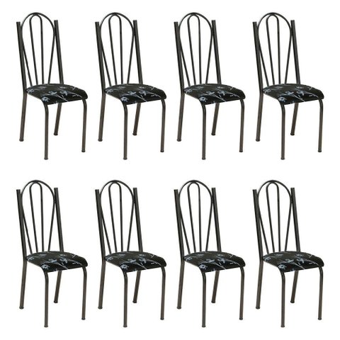 Kit 8 Cadeiras de Cozinha Alasca Estampado Preto Florido Pés de Ferro Cromo Preto - Pallazio