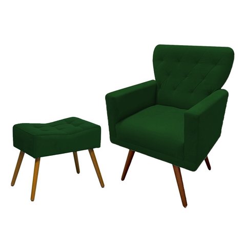 Kit Poltrona Decorativa Aurora + 1 Puff Retangular Suede Verde Pés Madeira Ms Decor