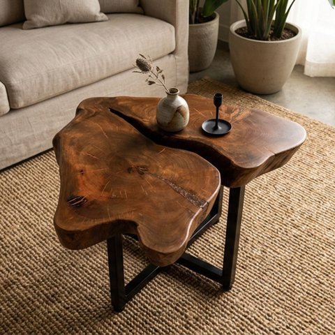 Mesa de Centro Rústica Orgânica Madeira Sangue de Boi Pés Industriais 59x57cm