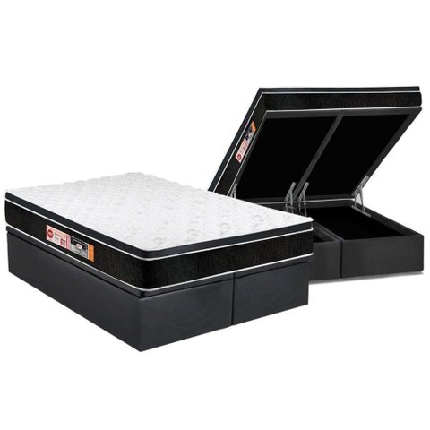 Cama Box Baú Queen: Colchão Espuma D33 Castor Black e White Air Euro Pillow + Base CRC Suede Gray