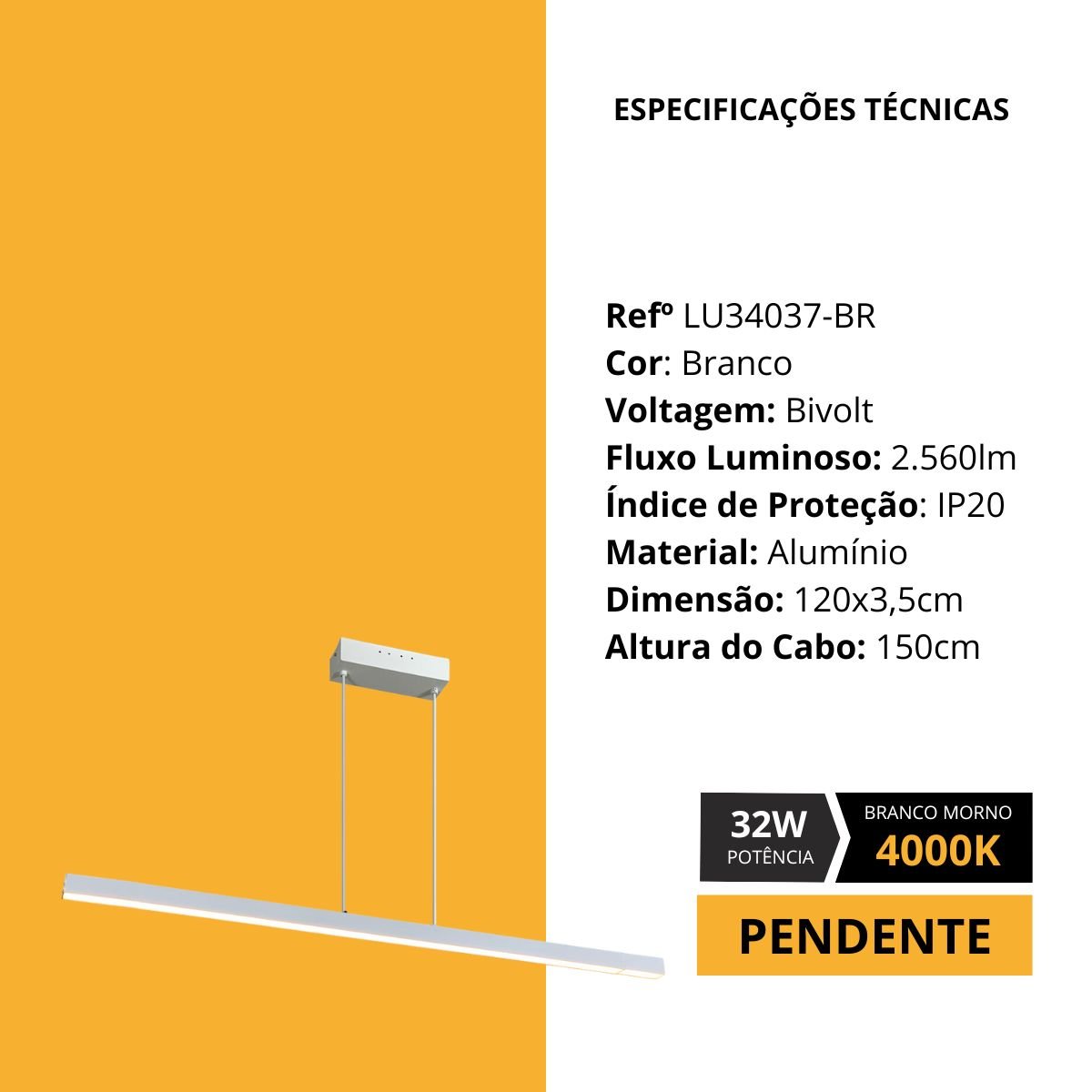 Pendente Linear 120cm 32w 4000k Branco Fosco Lumier Lumi35 Lu34037-br - 7