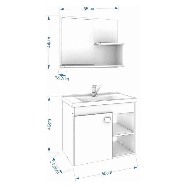 Gabinete Lótus Toucador de Banheiro C/ Cuba e Espelheira Branco e Café MGM Móveis - 6