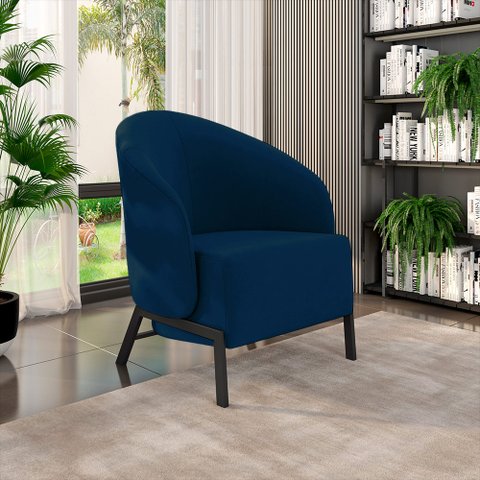 Poltrona Decorativa Sala de Estar Kenya Pés em Ferro Veludo Preto/azul G33 - Gran Belo