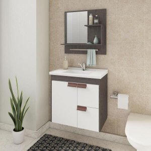 Gabinete Tulipa Toucador de Banheiro C/ Cuba e Espelheira Branco e Café MGM Móveis