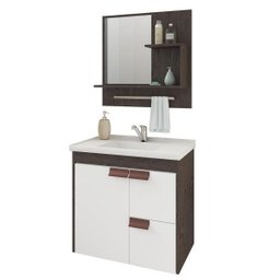 Gabinete Tulipa Toucador de Banheiro C/ Cuba e Espelheira Branco e Café MGM Móveis - 2