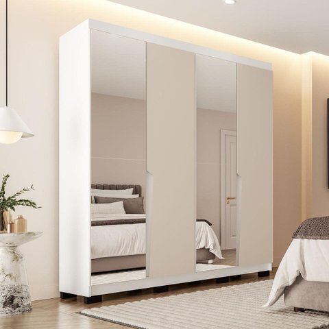 Roupeiro Solteiro Porto 4 Portas com Espelho 161x214cm Branco/Creme 240847