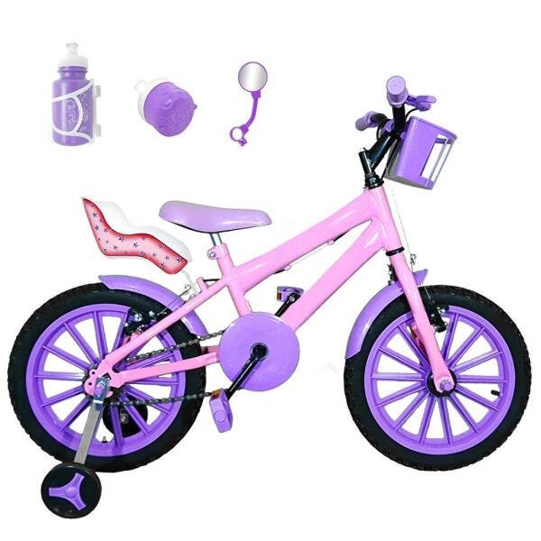 Bicicleta Infantil Aro 16 Rosa Bebê Kit Roxo com Cadeirinha Para Boneca - 1