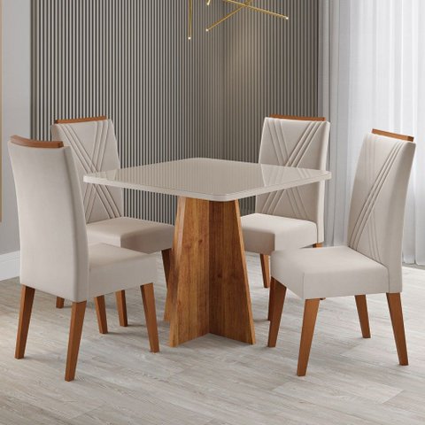 Mesa de Jantar 4 Lugares Street com Vidro Mel/bege/off White - Viero Móveis