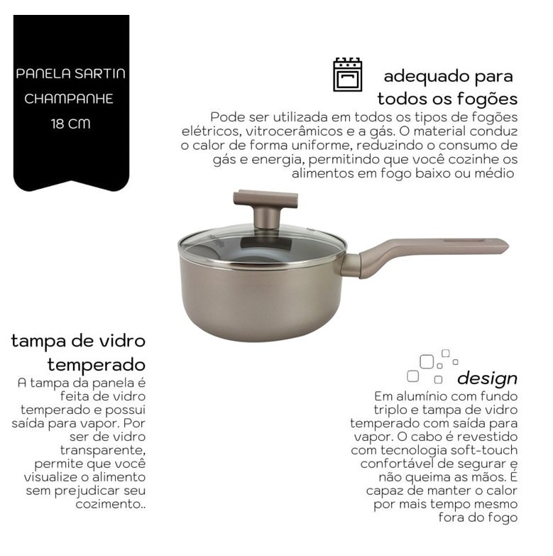 Conjunto 3 Panelas Sartin Cook Champanhe Gás e Indução Revestimento Cerâmica Premium 3 Camadas - Mim - 3