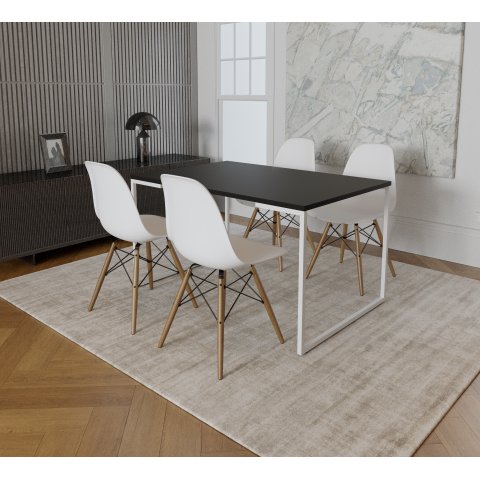 Mesa Industrial Base Ferro Branco Tampo 137x90 Preto 4 Cadeiras Eames Madeira Assento Branco