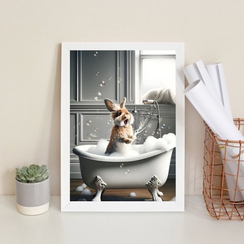 Quadro Banheiro Coelhinho Tomando Banho 24x18cm - com Vidro:moldura Preta